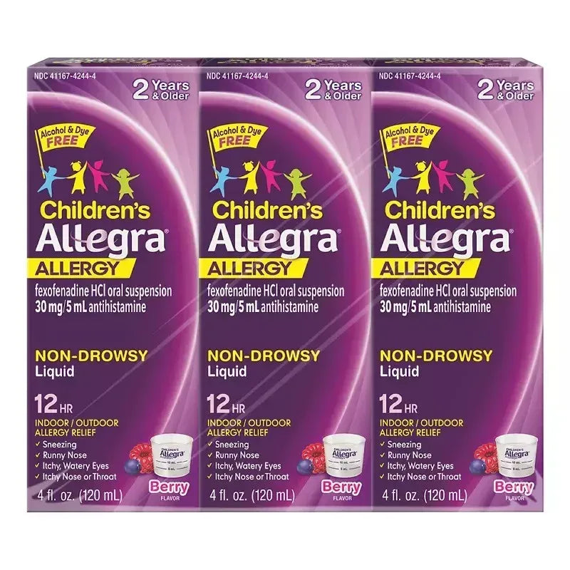 Allegra Children’s Dye-Free 12-Hour Allergy Relief Liquid, 4 fl oz Bottles, 3 Pack