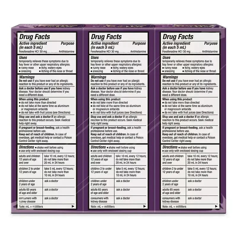 Allegra Children’s Dye-Free 12-Hour Allergy Relief Liquid, 4 fl oz Bottles, 3 Pack