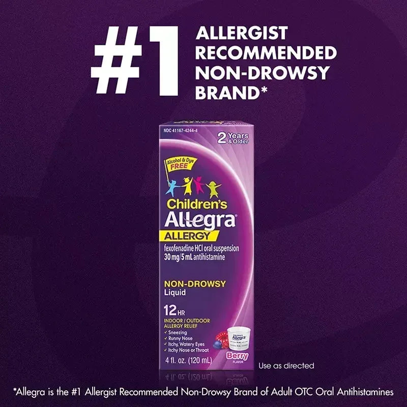 Allegra Children’s Dye-Free 12-Hour Allergy Relief Liquid, 4 fl oz Bottles, 3 Pack