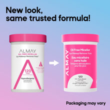 Micellar eye makeup remover pads jars, pink and white labels shown side by side