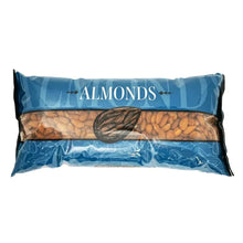Almonds bag, blue package with whole almonds visible