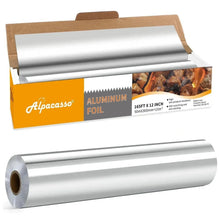 Aluminum foil roll with box and serrated cutter lid, silver foil