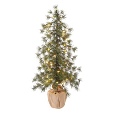 Artificial pine tree with warm LED lights, extended side branches, burlap-wrapped base