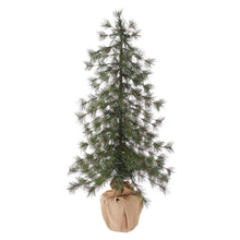 Artificial pine tree with warm LED lights, fuller top and side branches, burlap pot