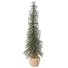 Slim artificial pine tree with warm LED lights and green needles, beige fabric pot