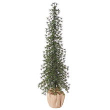 Slim artificial pine tree with warm LED lights, burlap-wrapped base