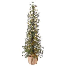 Artificial pine tree with warm LED lights, green needles, beige fabric base pot
