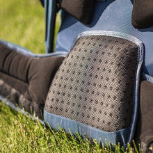 Hiking backpack side mesh pocket with perforated panel and blue trim