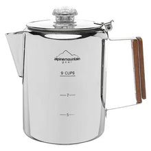 Stainless steel coffee kettle with wood handle and lid, 9 cups marking