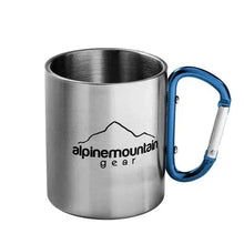 Stainless steel coffee mug with blue handle and alpinmountain gear logo
