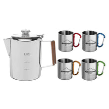 Stainless steel coffee set with 1 kettle and 5 mugs; colorful handles