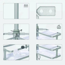 Panel showing adjustable shelf positions for a gray corner tension pole caddy