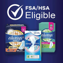 Assorted Always maxi pads packages on display, including winged maxi styles