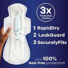 Maxi overnight pad with wings, showing absorbent core and leak-guard channels