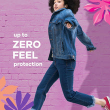 Sanitary pad protection ad featuring a person in denim with branded text