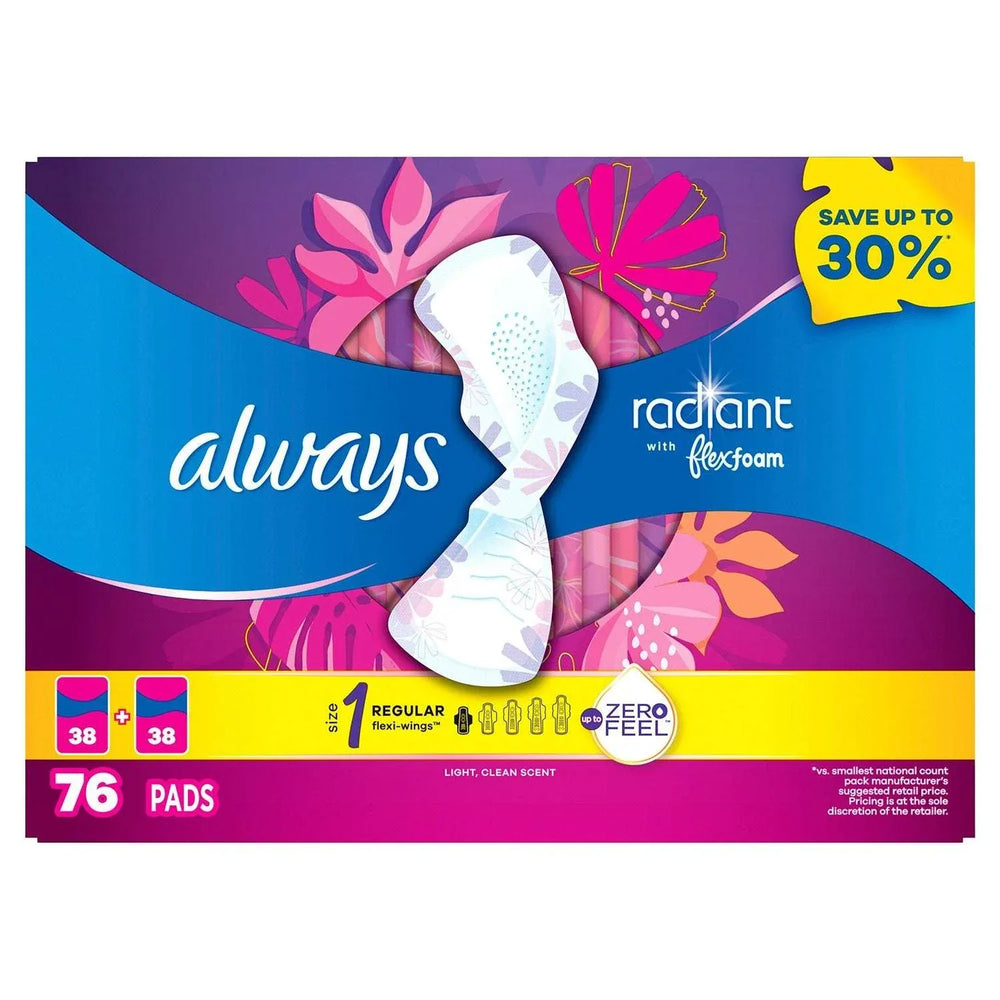 Always Radiant Regular Pads with Flexi-Wings, Scented, Size 1, 76 ct. - USA MEGA SHOP