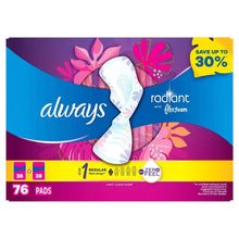 Always radiant regular pads package, 76 count, with centered white pad illustration