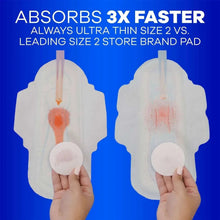 Ultra thin pads size 2 shown side-by-side in hands, thin flexible absorbent core