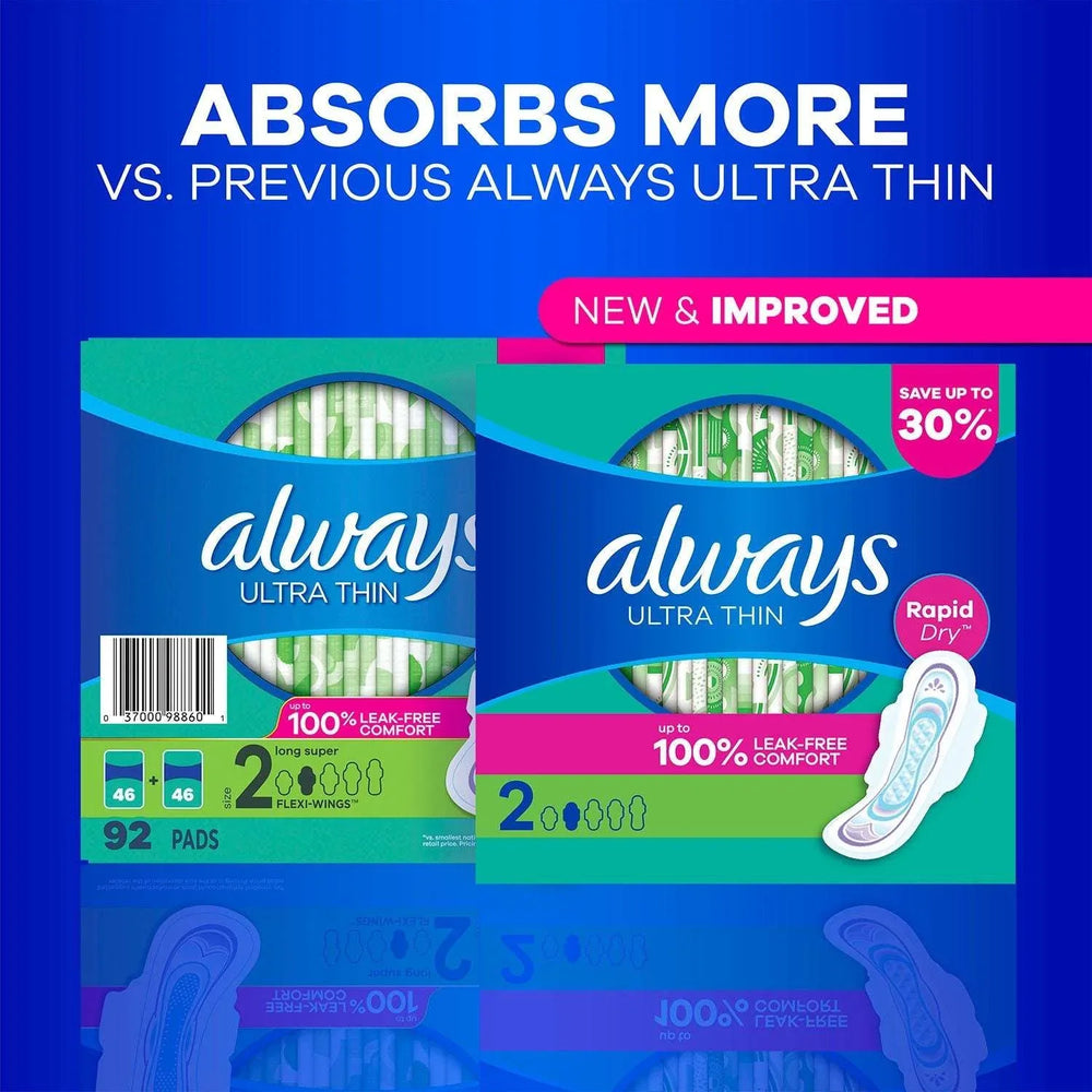 Always Ultra Thin Long Super Pads with Wings, Size 2, 92 ct. - USA MEGA SHOP