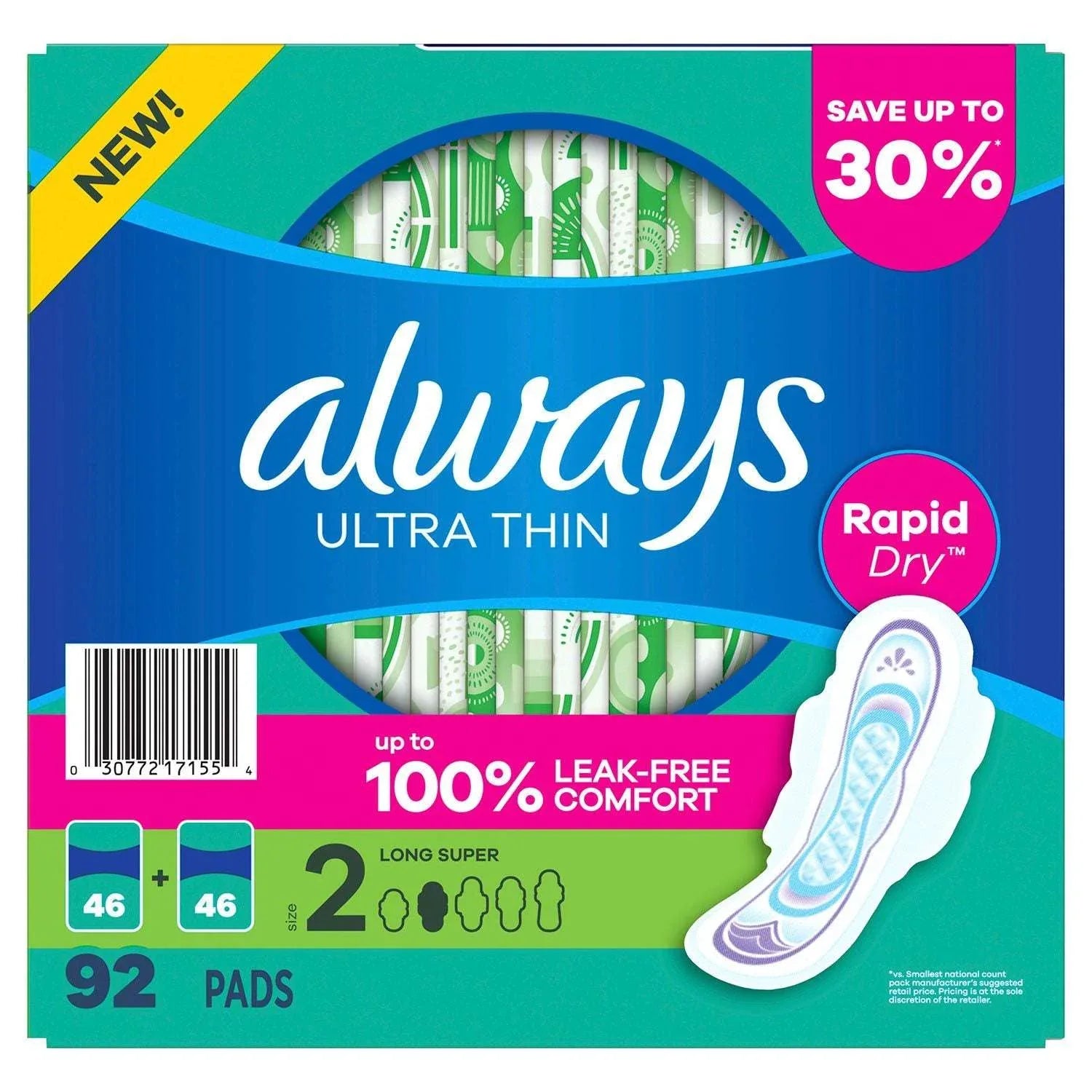 Always Ultra Thin Long Super Pads with Wings, Size 2, 92 ct. - USA MEGA SHOP