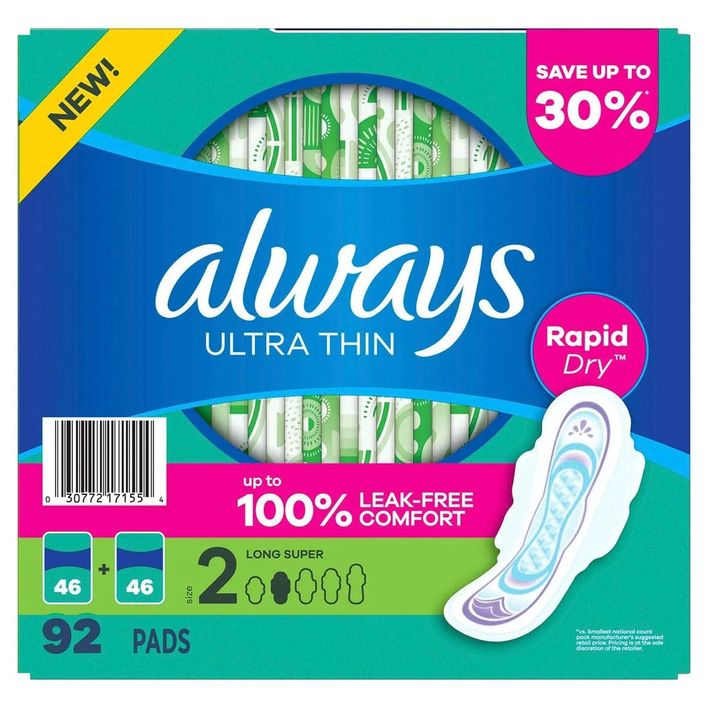 Always Ultra Thin Long Super Pads with Wings, Size 2, 92 ct. - USA MEGA SHOP