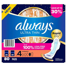 Always Ultra Thin overnight pads with wings, size 4, 80 pads, RapidDry badge