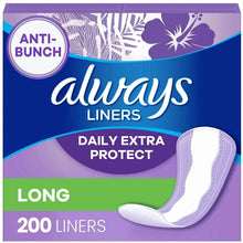 Always long 200 daily liners pack with a shown white liner and purple branding
