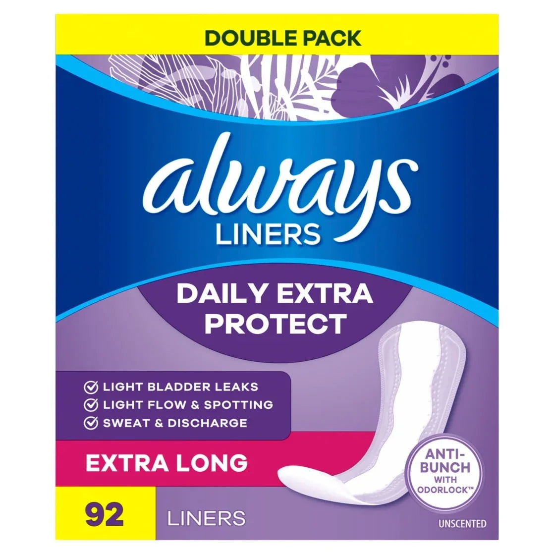 Always Daily Extra Protect Panty Liners, Extra Long Length, Unscented, 92 Count