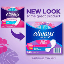 Always liners pack and 240-count box, daily fresh unscented thin regular
