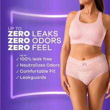 Incontinence underwear brief on woman, pale fabric with snug waistband and leg openings