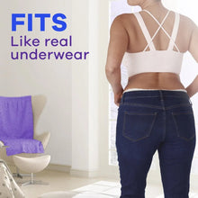 Incontinence underwear brief with lace-trim waistband shown on model with dark jeans