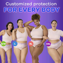 Incontinence underwear display with women modeling brief fit, sizes S/M to XXL