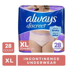 Always Discreet incontinence underwear, XL briefs, 28-count package with pale fabric