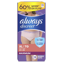 Always Discreet incontinence underwear, XL T/G, 28-count box with pale briefs