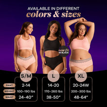 Incontinence underwear sizes and colors chart, includes S/M, L, and XL