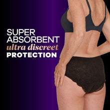 Black incontinence briefs with super absorbent, ultra discreet protection, full coverage