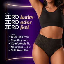 Black incontinence underwear briefs on model, zero leaks and zero odor claim