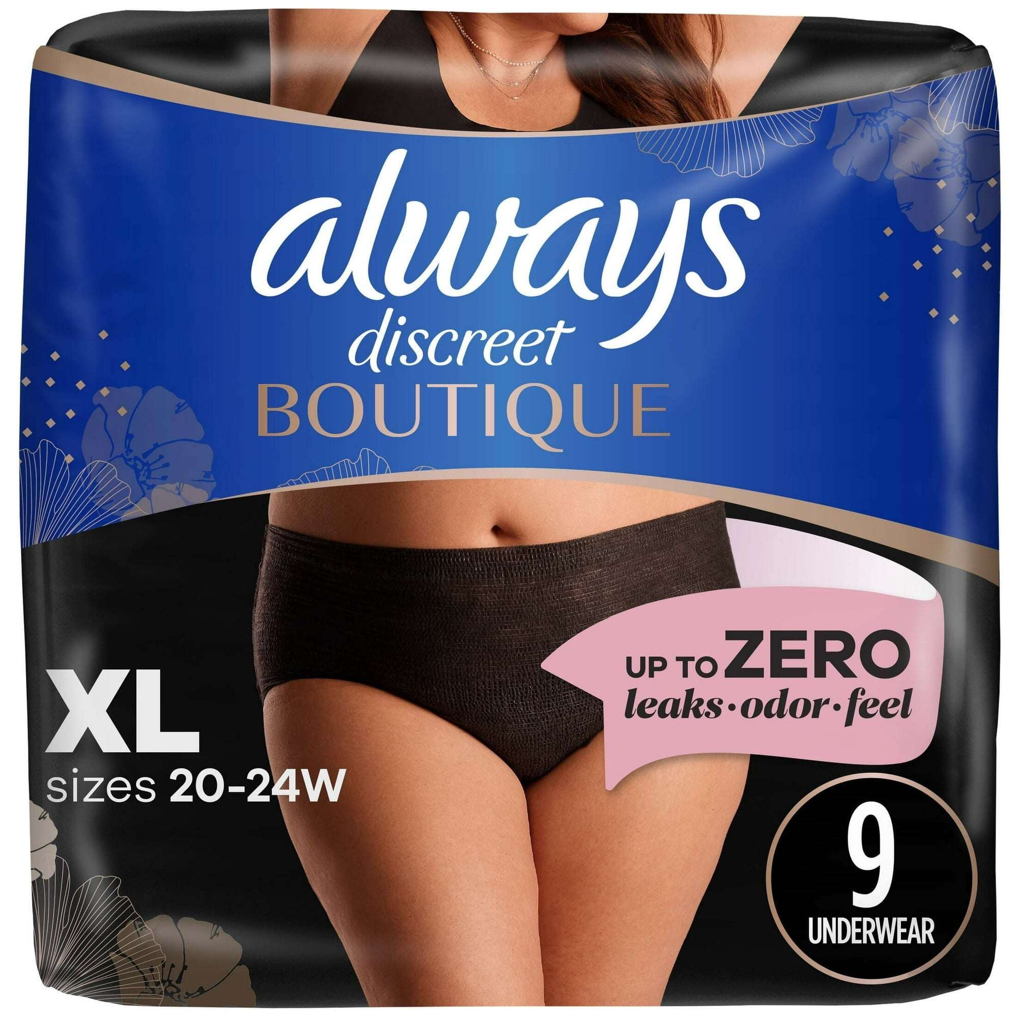Always Discreet Boutique Incontinence Underwear, Maximum Protection, XL, Black, 9 Count