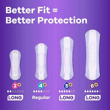 Incontinence pad lineup showing long and regular shapes in different sizes