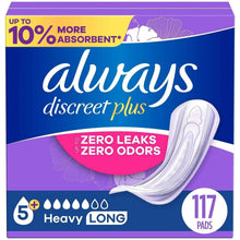 Heavy long incontinence pads box with 117 pads shown on the package