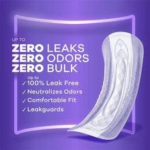 Always Discreet incontinence pad with contoured absorbent core and leak guards