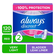 Always Discreet incontinence liners box, size 2, 120 count, anti-leak barriers