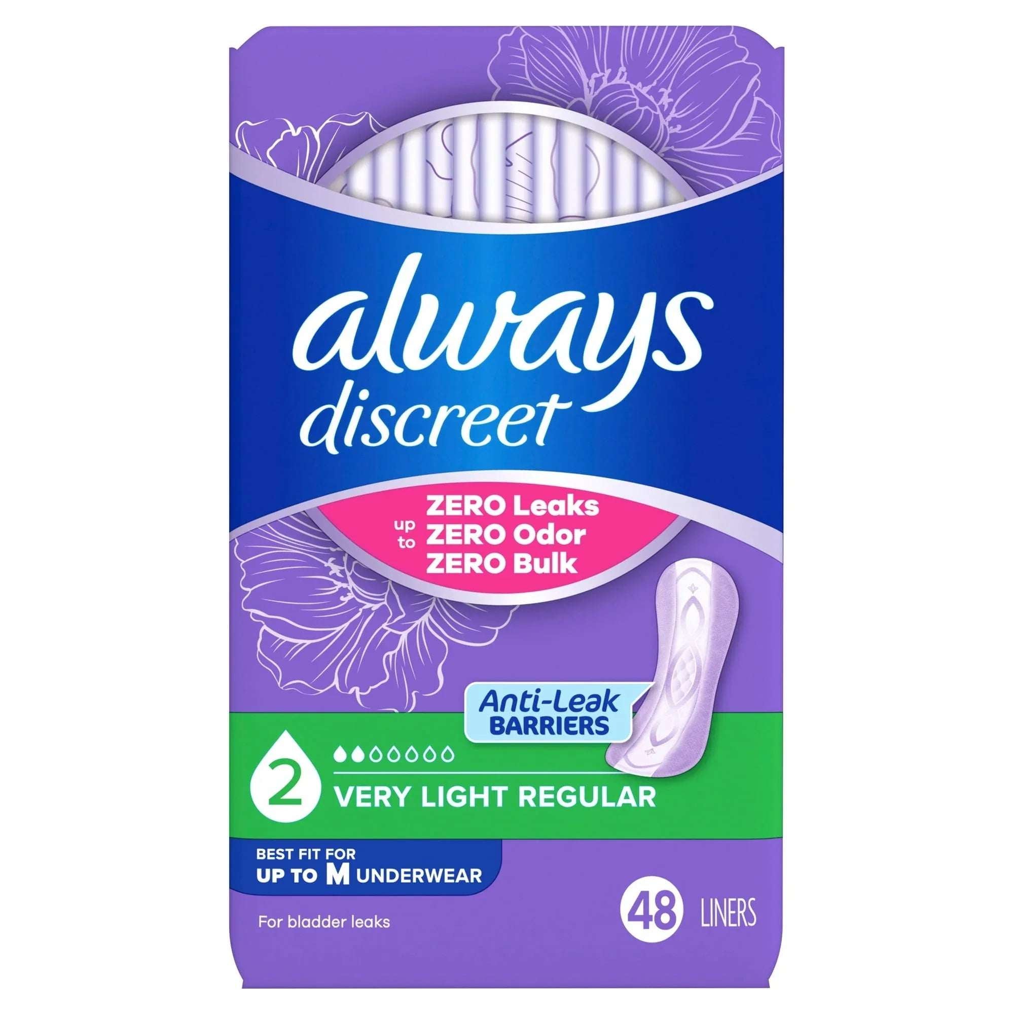 Always Discreet Incontinence Panty Liners for Bladder Leaks, Size 2, Very Light Absorbency, 48 Count