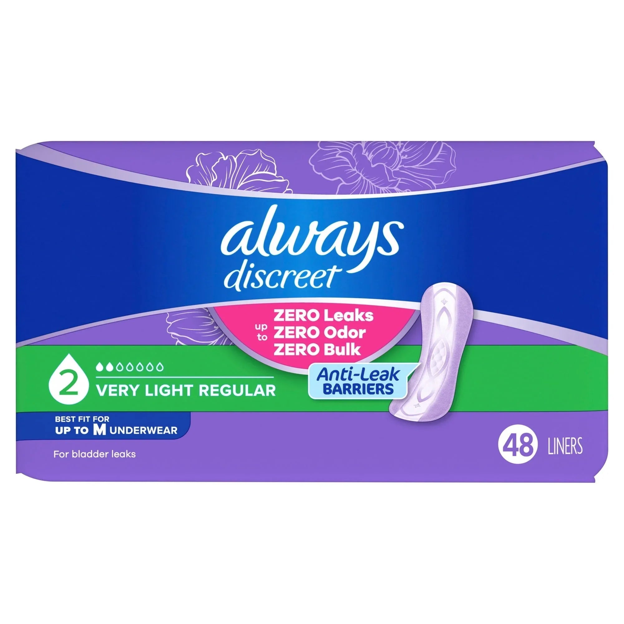 Always Discreet Incontinence Panty Liners for Bladder Leaks, Size 2, Very Light Absorbency, 48 Count