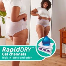 Lavender incontinence underwear worn by a person, with RapidDry gel channels callout