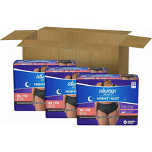 Multipack boxes of black Always discreet night incontinence underwear briefs.