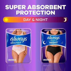 Always Discreet Night Women's Incontinence Underwear, Black, Maximum, XL, 48 Count