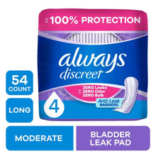 Incontinence pad pack showing 54 count, long moderate, bladder leak pad label