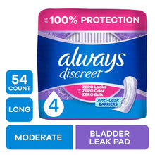 Always Discreet moderate long bladder leak pad package, 54 count, with single pad