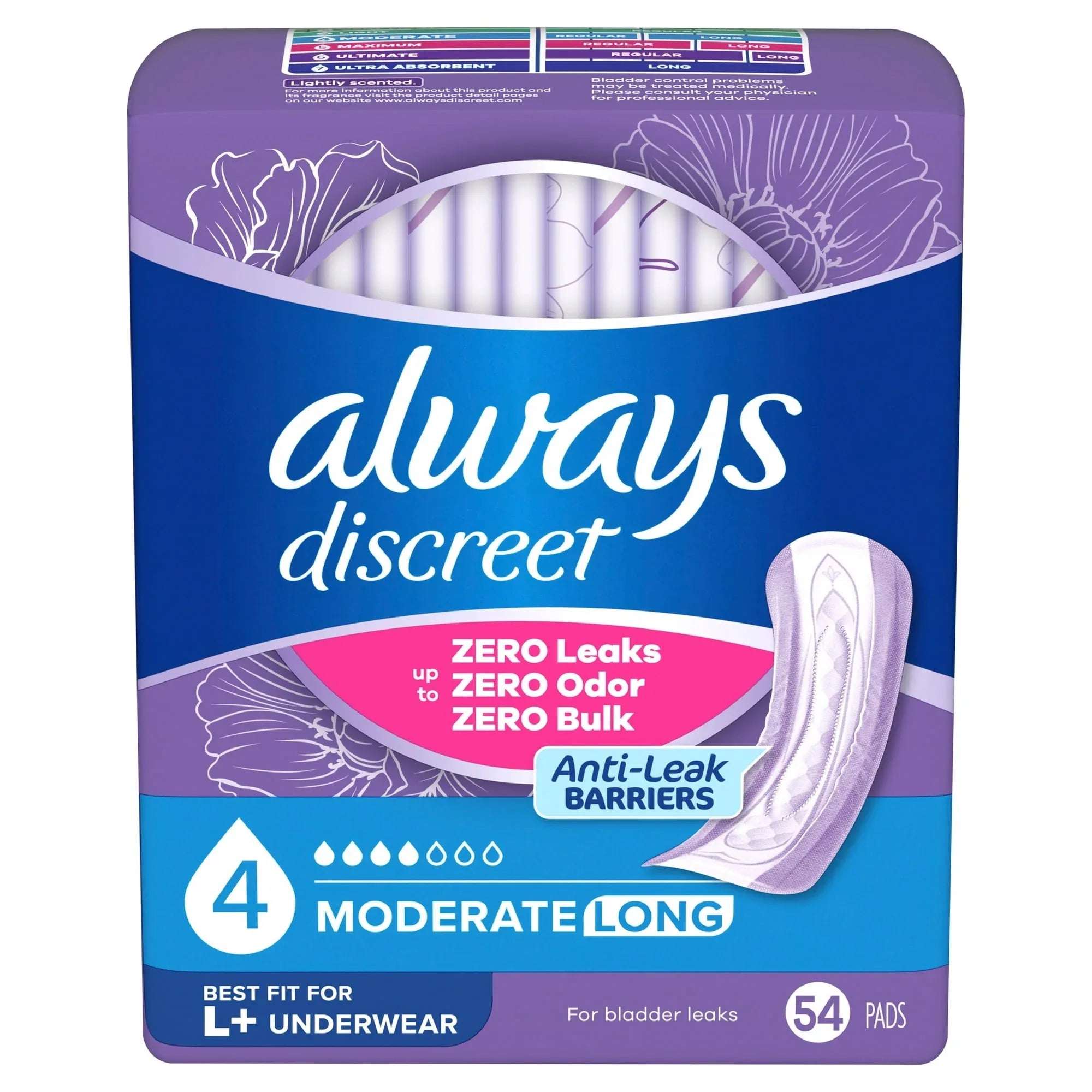 Always Discreet Pads, Moderate Absorbency, Long54 Count